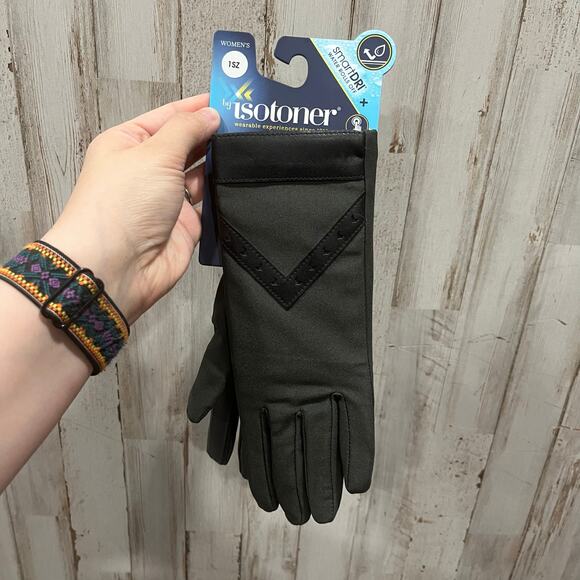 NEW ISOTONER women’s smartdri chevron stretch touchscreen gloves Black One Size - Picture 1 of 5